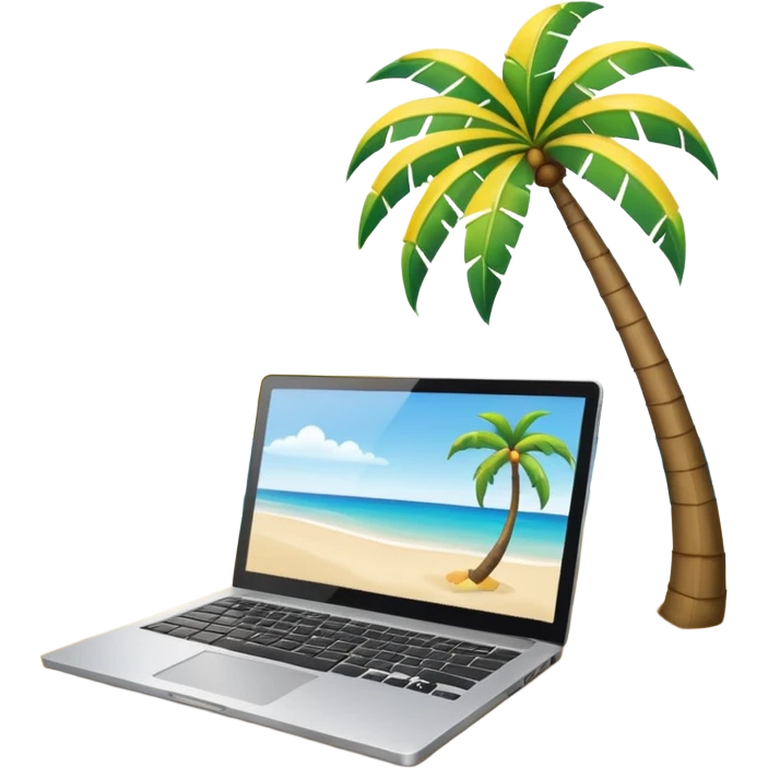A minimalist emoji-style icon representing workation: An open laptop in the foreground on the beach. Background shows sea, sun, and a palm tree. No people, no text, clean and simple design like an emoji. emoji
