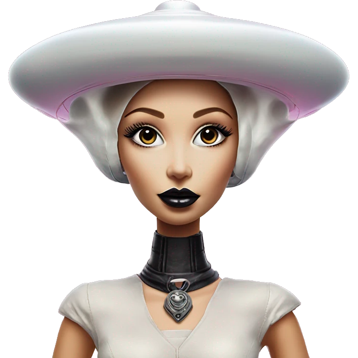 Wholesome UFO alien in Barbie style, oil paint, black eyes, intricate lips, masterpiece portrait, beautiful, desirable, logical, love, peace, understanding emoji