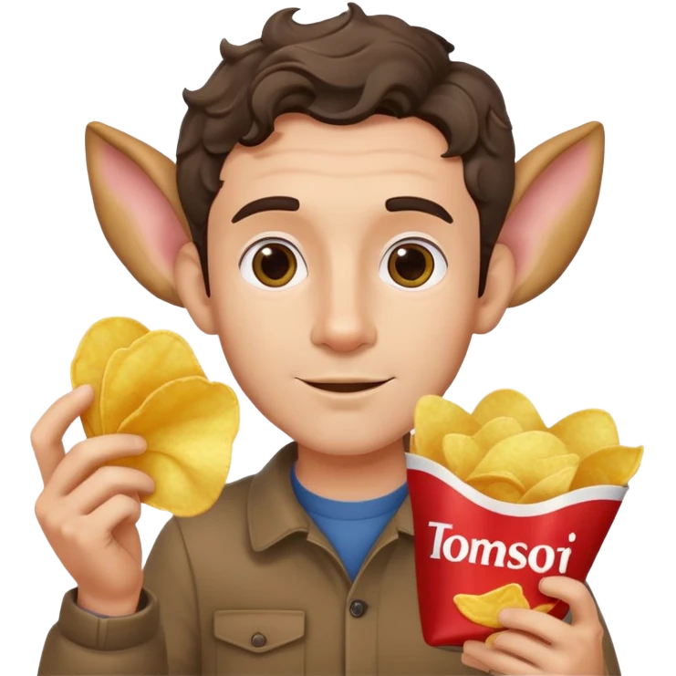 Man with short wavy hair, large ears, holding potato chips emoji
