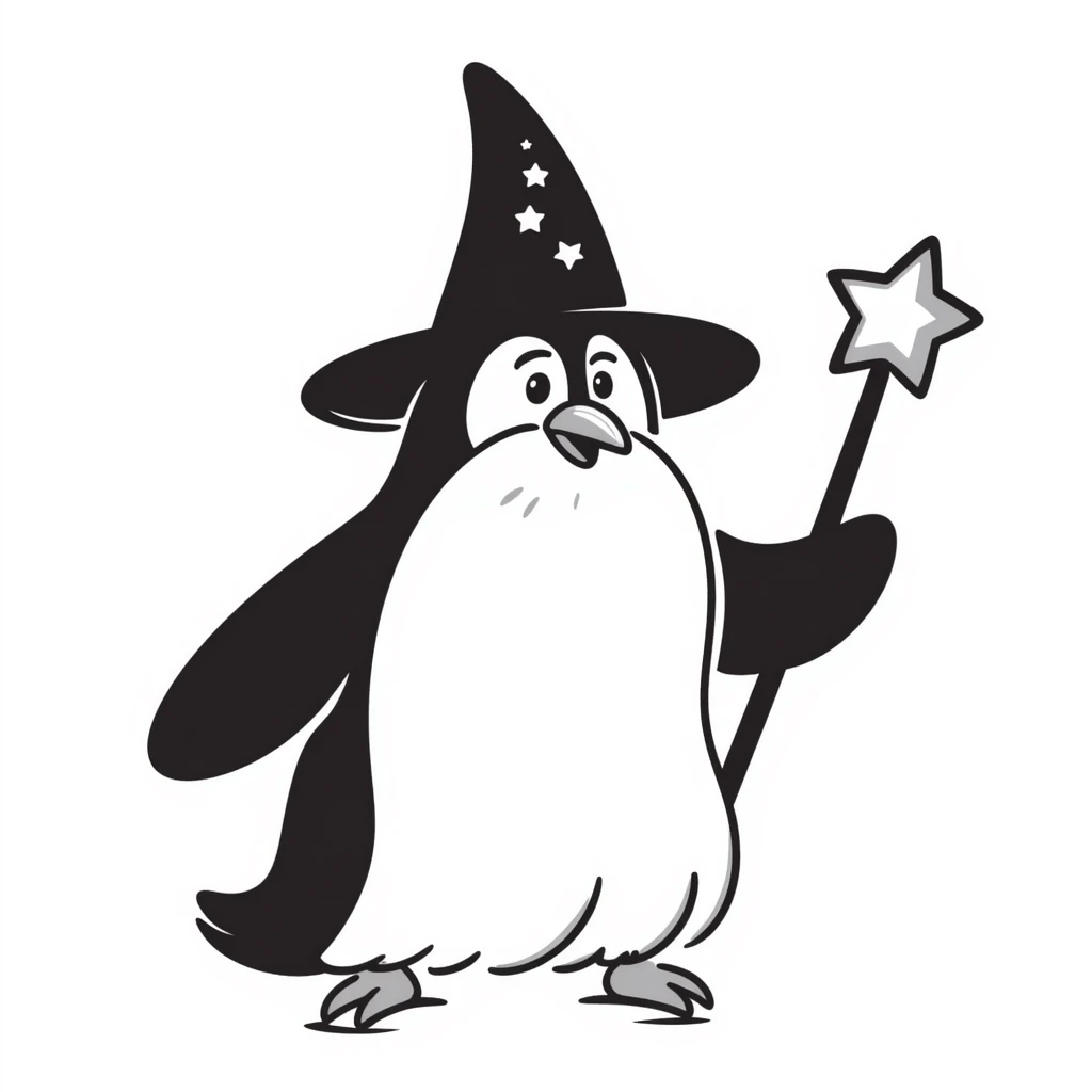 A penguin wizard with a long white beard, tall wizard hat, and magic staff emoji