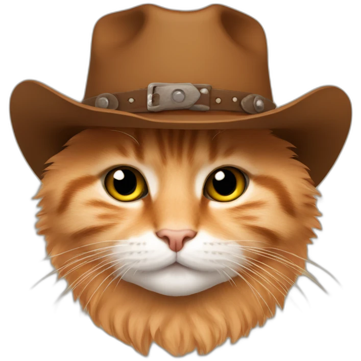 pure orange small chubby hairy bobtail cat while wearing a brown cowboy hat emoji