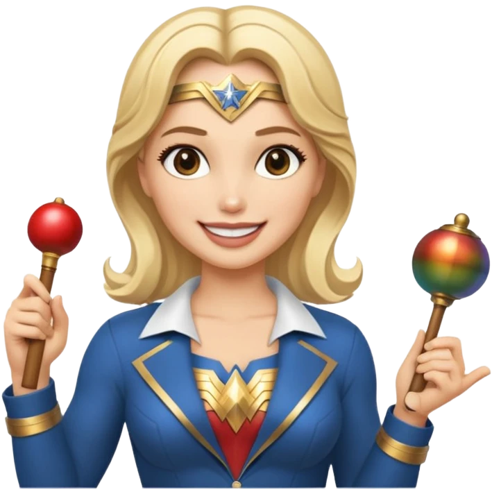 Blonde Wonder Woman holding bell and short white orchestra conductor’s baton  emoji