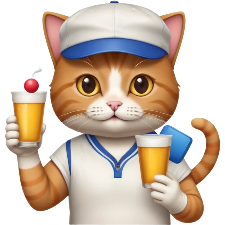 cat with a backwards cap, holding a ping pong ball and cup, beer pong college party emoji
