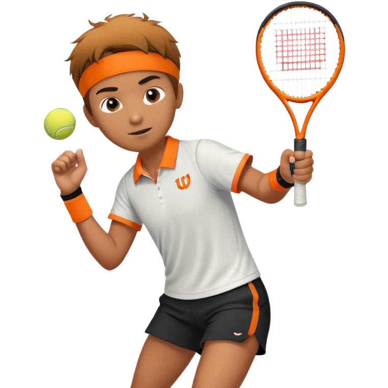 Tennista con racchetta arancione della wilson. Maniche corte e pantaloncini neri. Con polsino e ciuffo sui capelli emoji