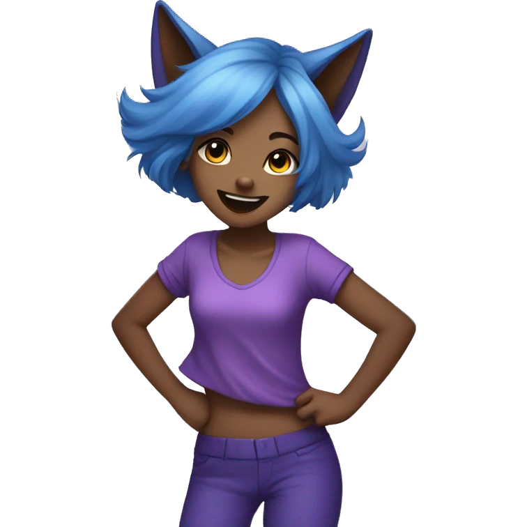 A blue-haired fox girl dances in a purple outfit  emoji