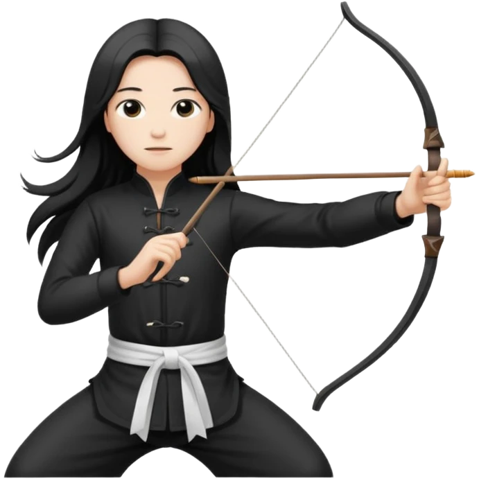 pratiquant de qi gong aux cheveux longs, habits noirs ou blancs, qui tire l'arc vers la gauche emoji