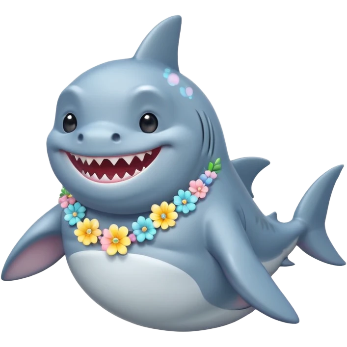 A cute chubby shark with pastel flower necklace, posing proudly. emoji