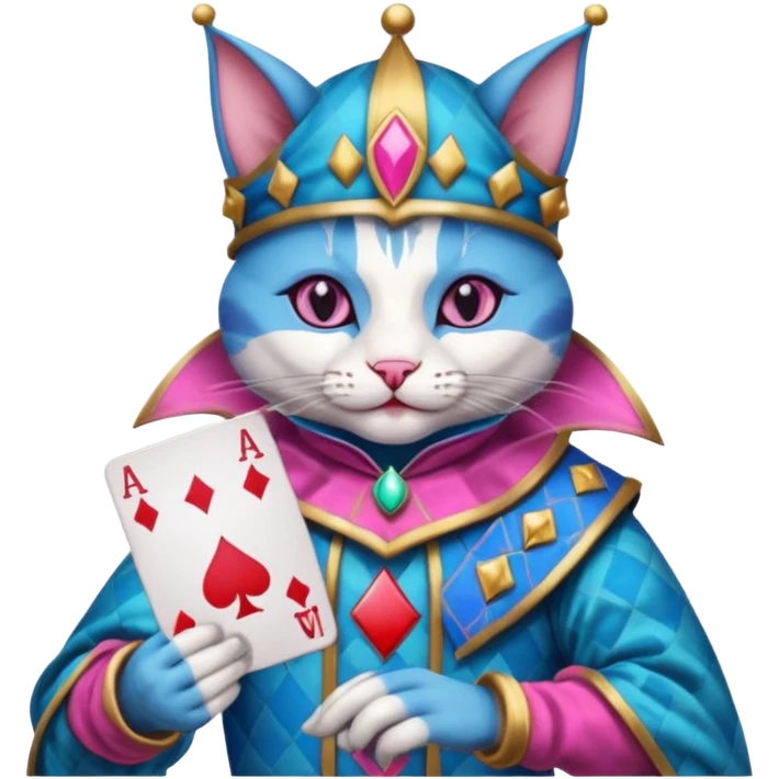court jester cat medieval, poker cards, pink and blue emoji