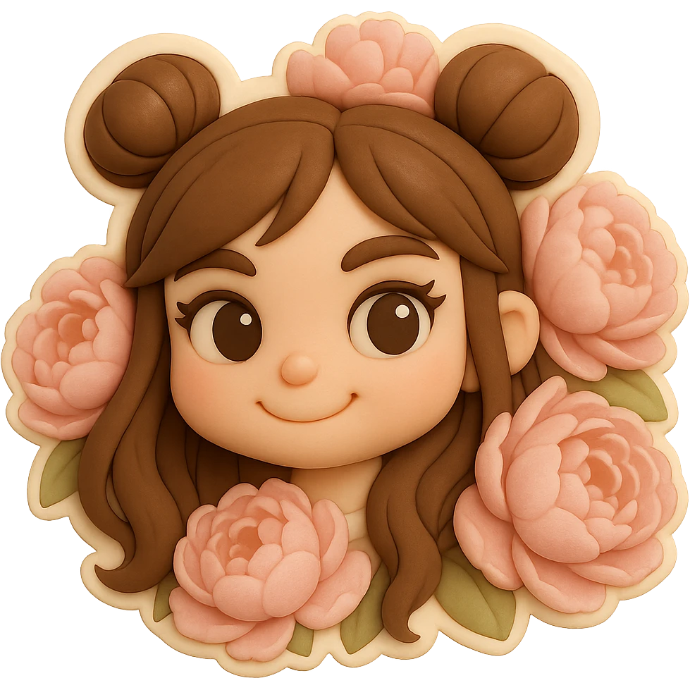 3D chibi fondant cake art style, high-quality rendering with smooth shadows and soft gradients. Girl based on reference image with preserved facial features and eye shape exactly as in the reference. Long brown hair in two space buns, brown eyes, thick white outline like a sticker, transparent background. Only her smiling head is visible, surrounded tightly by a wall of huge soft pink peonies, petals overlapping her hair. emoji