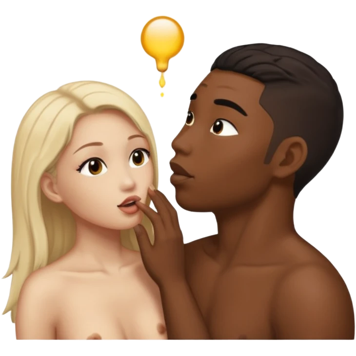 Nude light-skinned female giving fellatio to darker-skinned asian male emoji