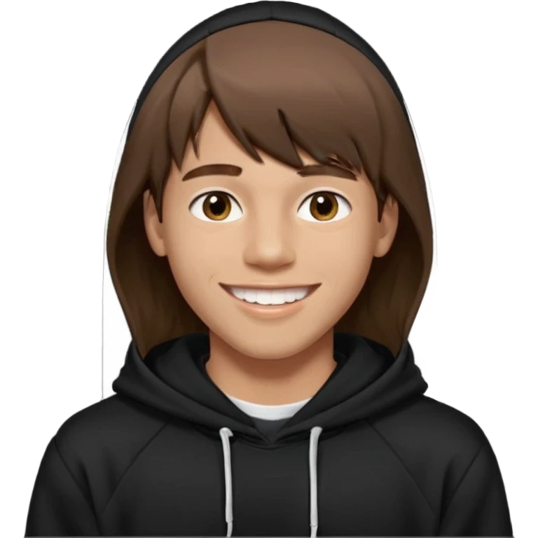 20 yr old man, brown hair, straight, big smile, white teeth, tanned skin, bangs, black hooded sweatshirt, long hair in back, center-parted bangs, big lips emoji