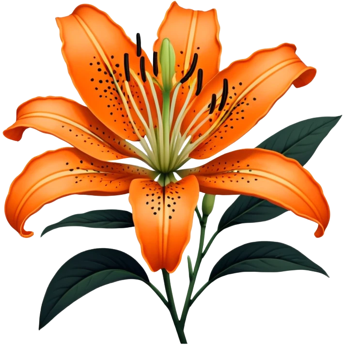 Japanese style tiger lily (oniyuri) flower in ukiyo-e inspired design, bright orange petals with distinctive black spots, curved-back petals, traditional composition like in Japanese woodblock prints emoji