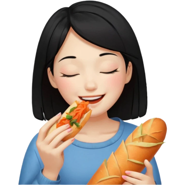 Girl black long hair eat kimchi close eyes baguette emoji