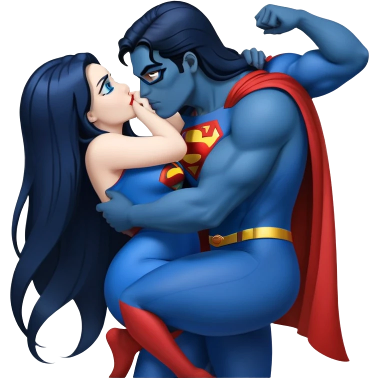 1girl,crazy drunk pose curvy dark blue {very long straight hair} blueeyes,fullbody,kissing  superman emoji