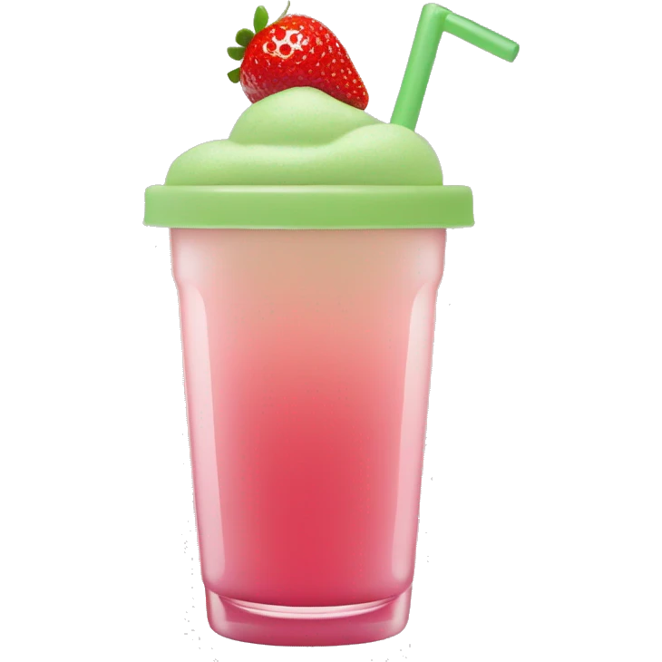 clear cup of strawberry matcha** with a **green top half layer** and **pink bottom half layer**. A **transparent straw** sticks out, slightly tinted by the drink's colors. emoji