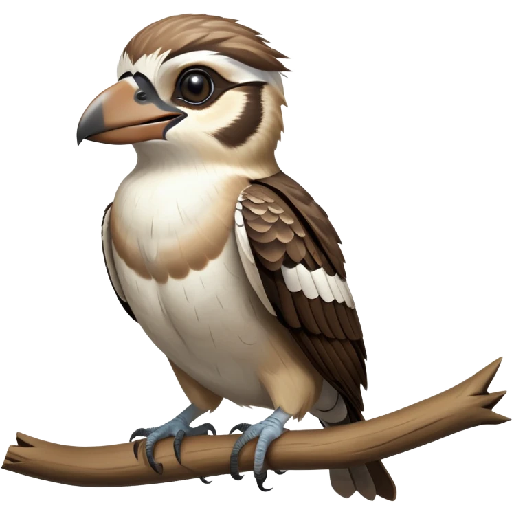 cinematic-kookaburra-realistic-full-body-perched-emoji,-compact-sturdy-frame-balanced-on-a-weathered-branch,-brown-and-white-feathered-wings-folded-neatly,-bold-striped-face-with-a-mischievous-glint-in-its-eye,-massive-sharp-beak-slightly-open-as-if-ready-to-laugh,-simplified-yet-realistic-focused-features,-highly-detailed,-glowing-with-a-warm-golden-light emoji