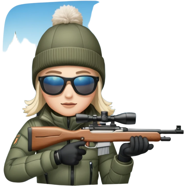 An icon showing a snowy landscape with pine trees, mountains and a clear sky with a biathlete aiming a rifle in the foreground, wearing winter gear and skis. Transparent background emphasizes the precision, endurance, and beauty of this winter sport. emoji