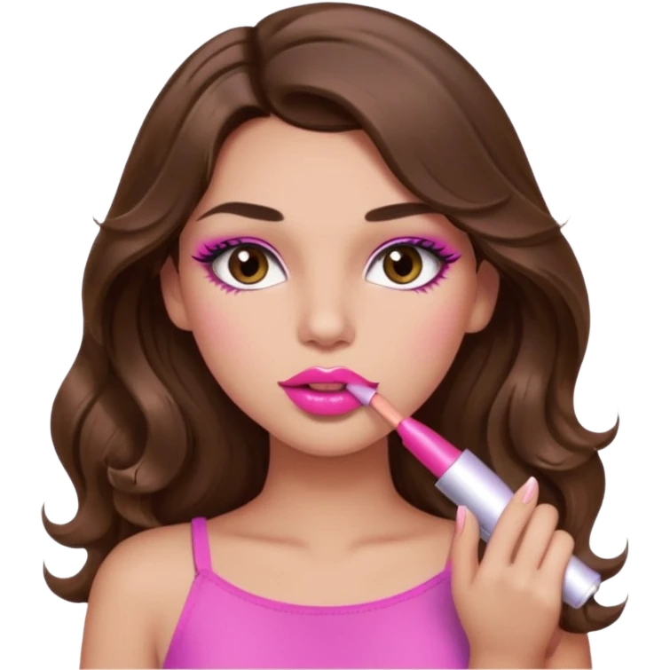 girl with long wavy brown hair, brown eyes, light to medium complexion, in a pink sexy top, pink lips, long lashes, puckered lips, putting on lipstick emoji