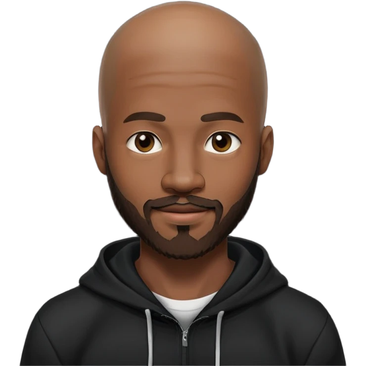 African yound man in his late 20s with a wink and  full short boxed beard and moutache , almost bald hair, black hoody emoji