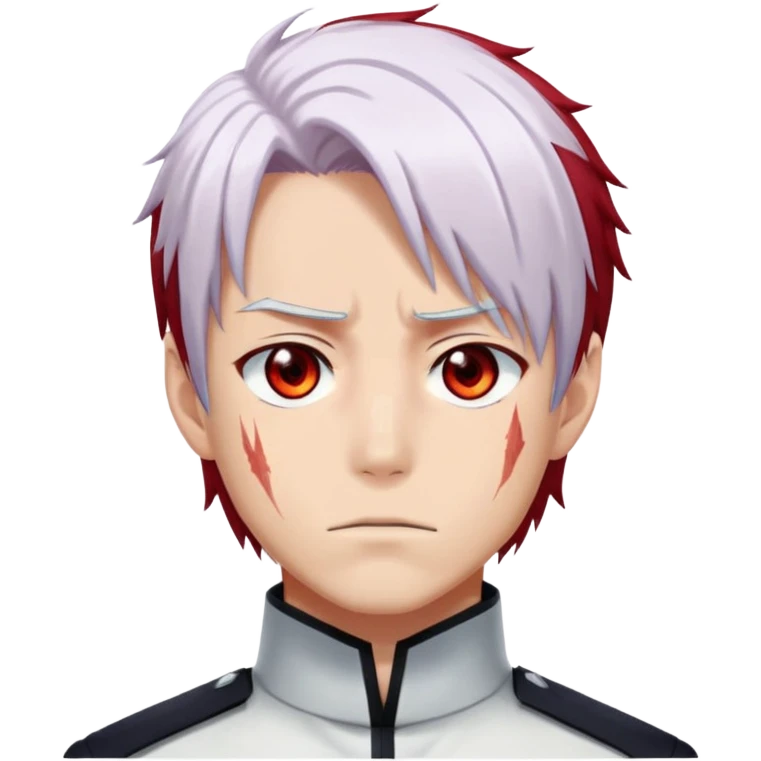 Shoto Todoroki face only, left side white hair, right side red hair, heterochromatic eyes, burn scar on left side of face, serious expression emoji