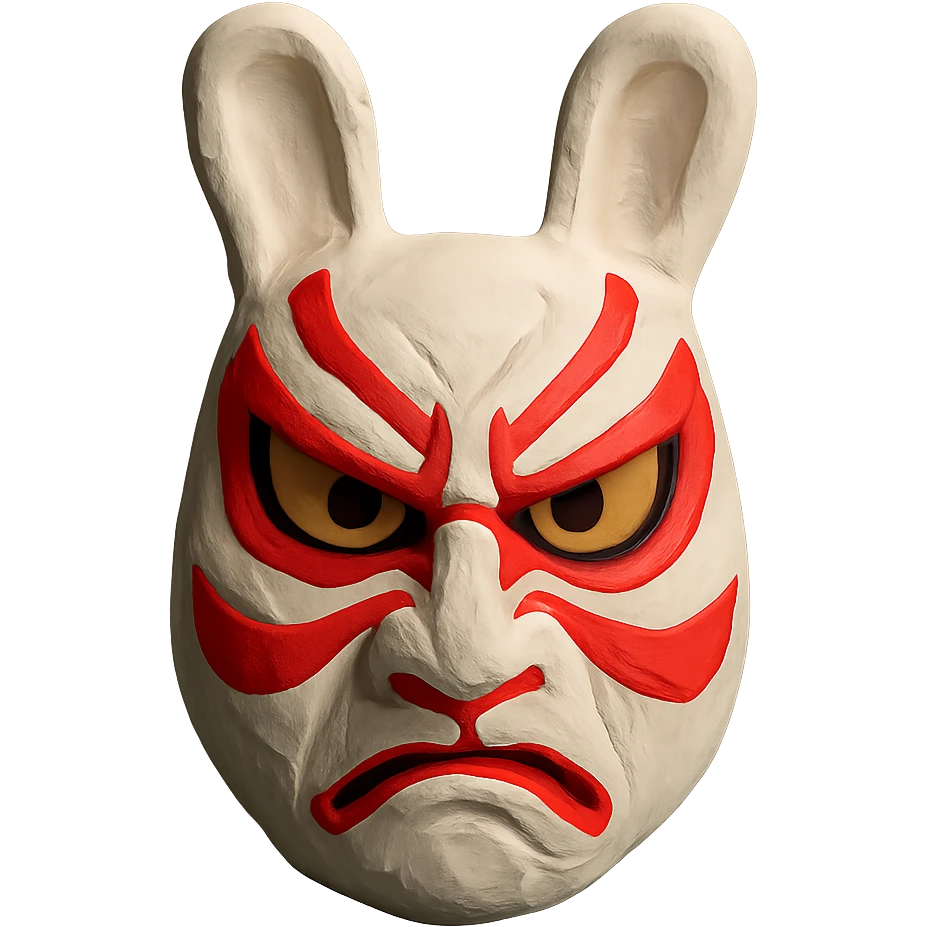 stylized usagi rabbit kabuki mask, red and white, angry expression, matte finish emoji