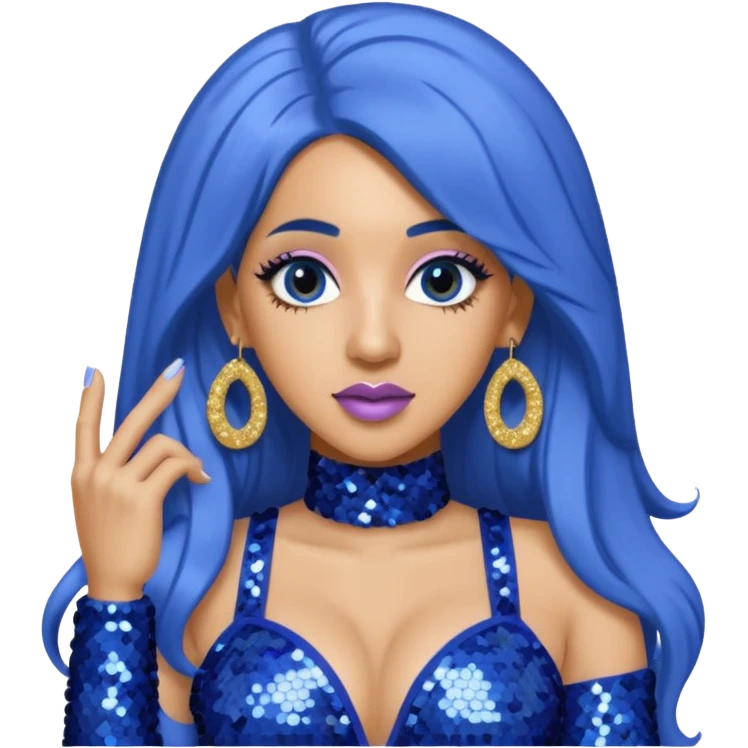 Cardi B with long dark blue hair, light periwinkle sequin outfit emoji
