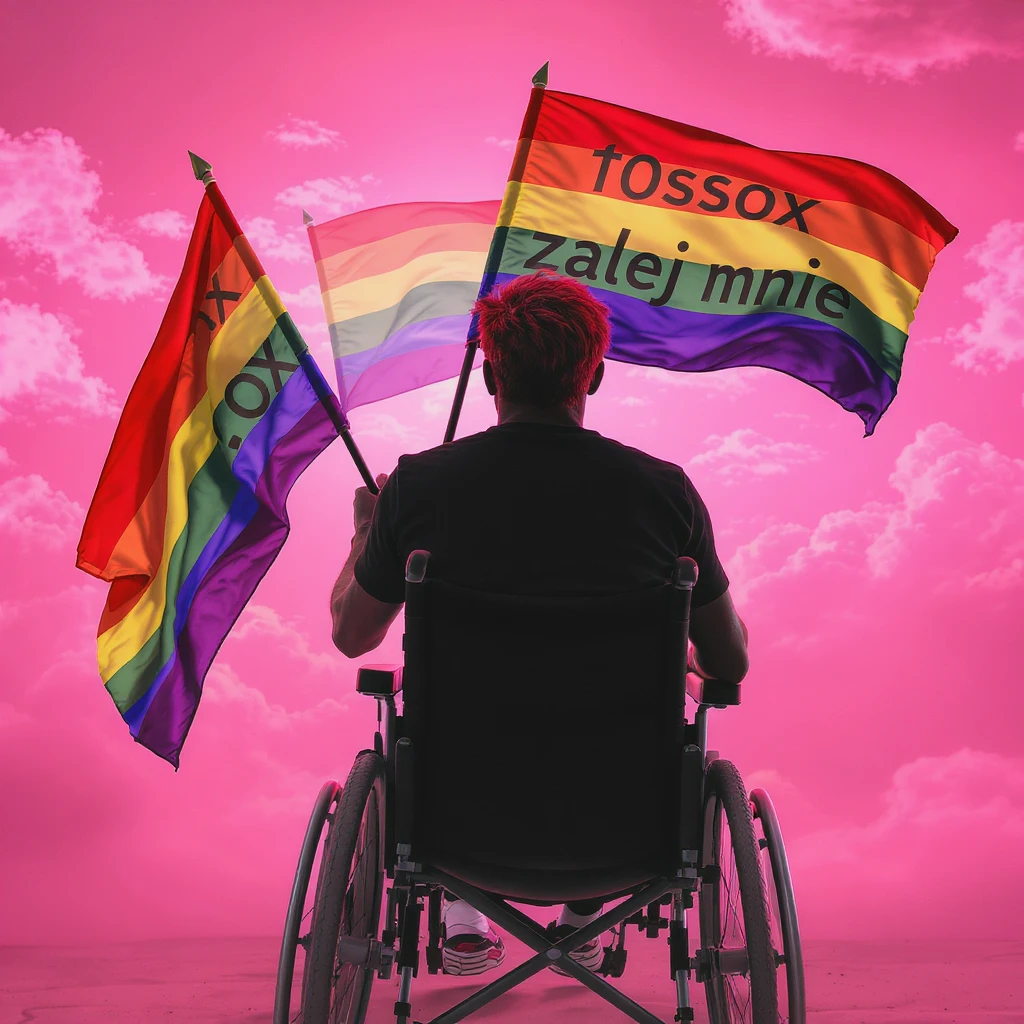 Black man with red hair sitting on wheelchair holding lgbt flag holding text "T0ssox zalej mnie" pink clouds around, pink sky with pink back light emoji
