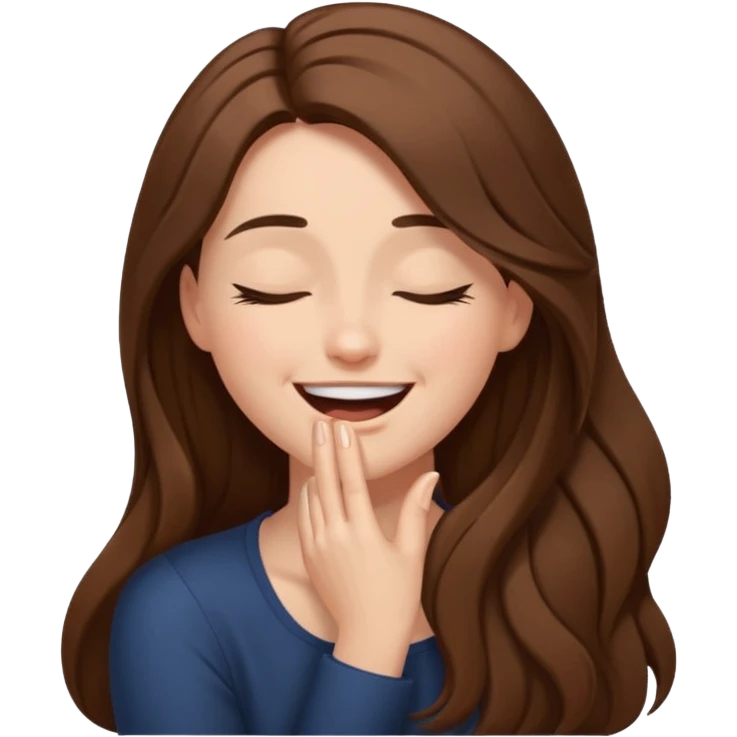 Woman from side with one hand on her head, eyes closed, laughing and smiling really hard. Hair is brown and long emoji