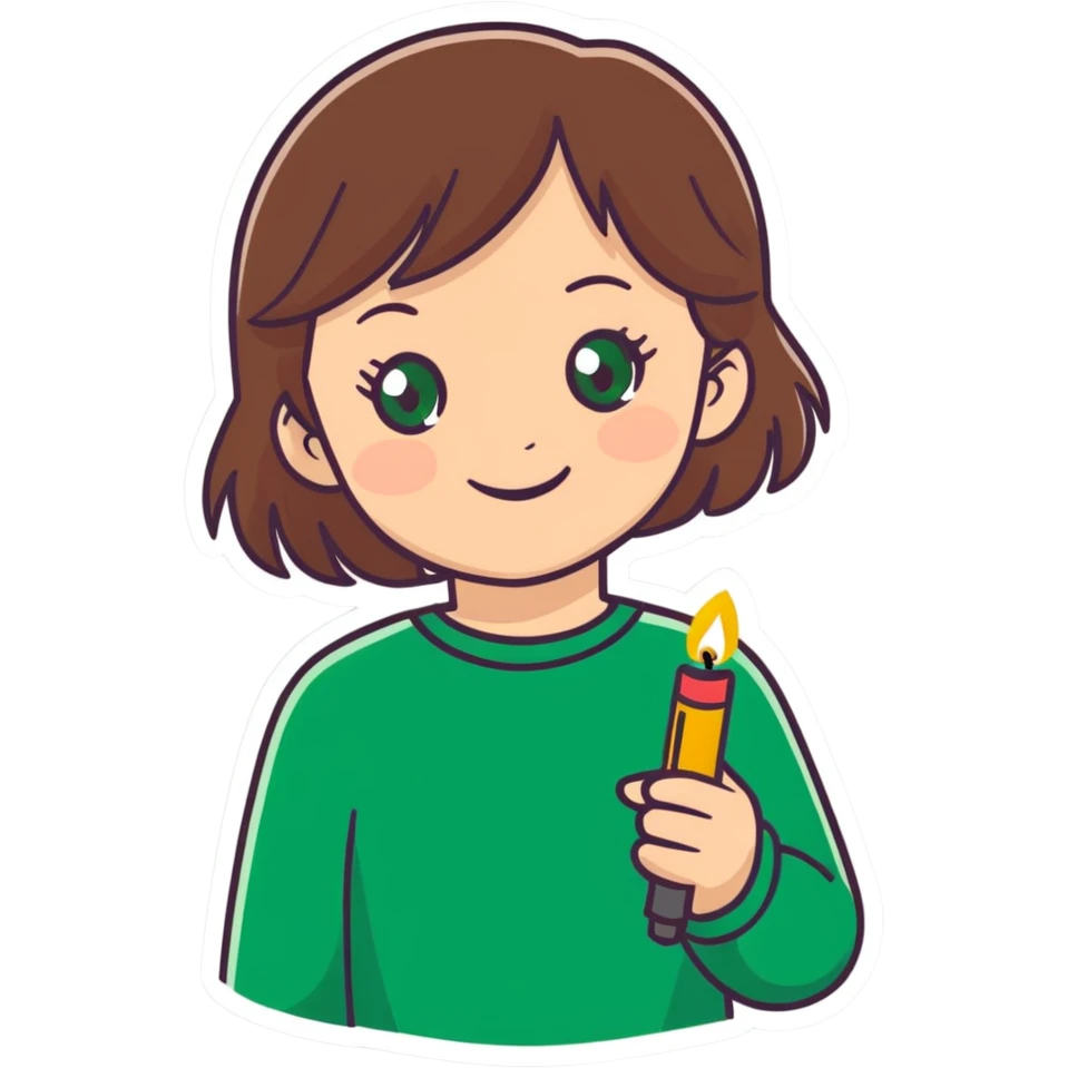 Very happy Girl with brown hair and green eyes with a lighter  emoji