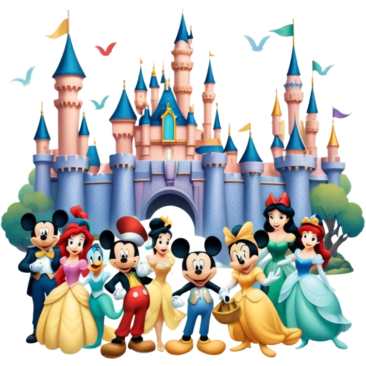 A vibrant collage featuring iconic characters like one Goofy, one Mickey Mouse, one Ariel, one Jasmine and one Franco. Each character should be large and bright, set against a cheerful and playful background with Disneyland. Transparent background. emoji