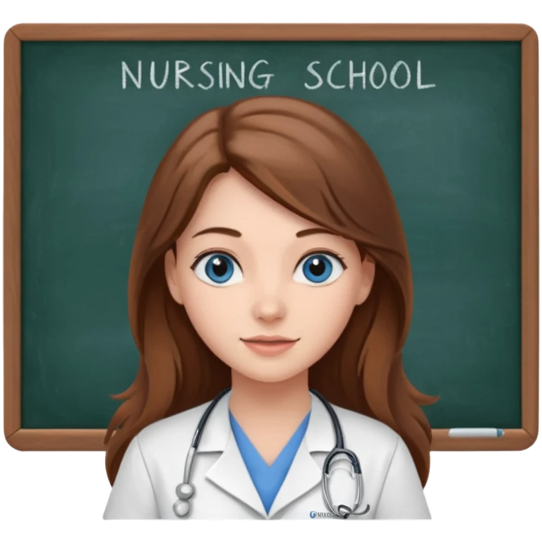university classroom that says nursing school on the blackboard with a pretty female nursing student with long brown hair, blue eyes emoji