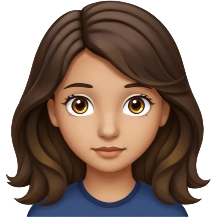 Create a emoji of a girl teen (14 years old) with dark brown hair and a little bit lighter brown in the end of the hair (but mixed) and waves in the hair, long hair, with MEDIUM FAIR TO OLIVE skin tone, dark brown eyes, perfect nose, long eyelashes emoji