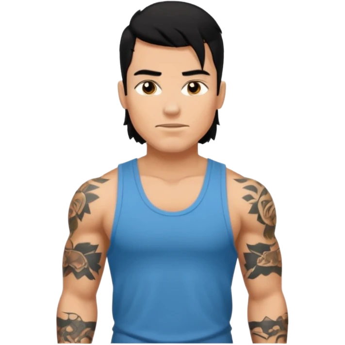 a guy with mullet and tattoos. Black hair. Muscled emoji