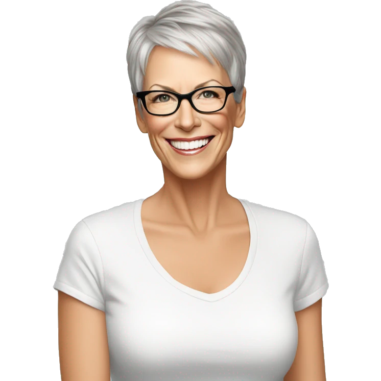 Jamie Lee Curtis smiling wearing tee emoji