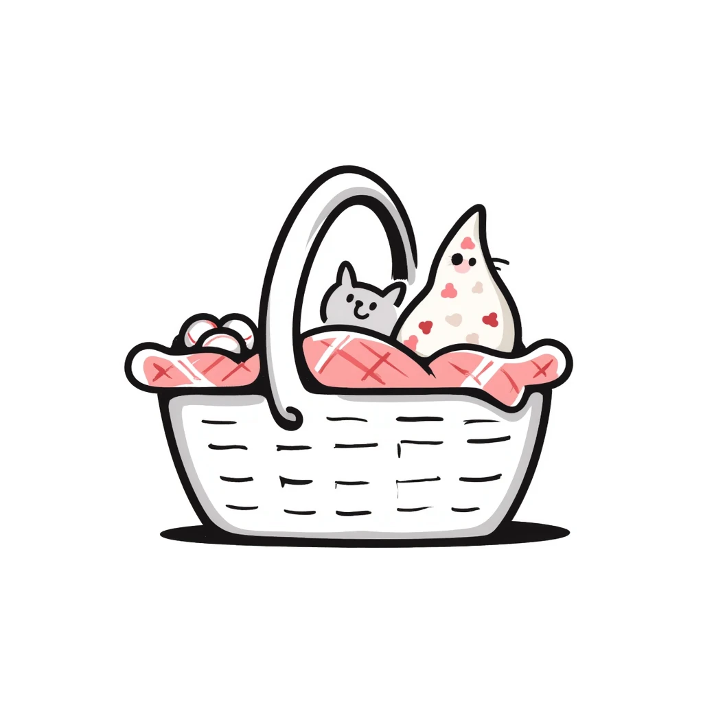 A picnic basket with handle and lid, possibly with some items peeking out, in pastel colors (dd9fb0, ffc6d3, a3bfc9, c4bee2, f1b091), hand-drawn doodle style emoji