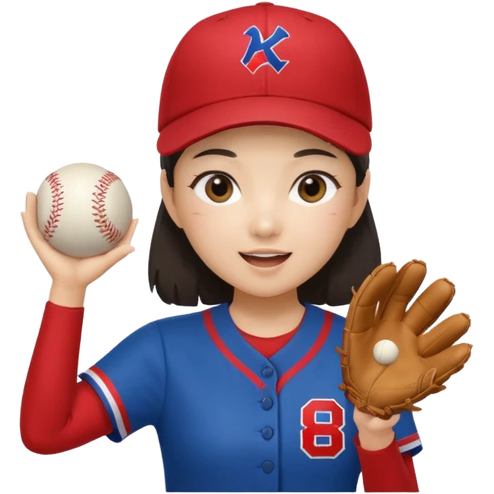 a korean girl cheering her favorite baseball team, wearing the team uniform, baseball cap, and holding baseball emoji