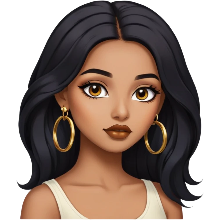 indian girl, brown skin, long black voluminous hair, brown underneath colored hair, baddie,pretty, makeup, lipliner, black eyeliner, gold hoop earrings, white top emoji