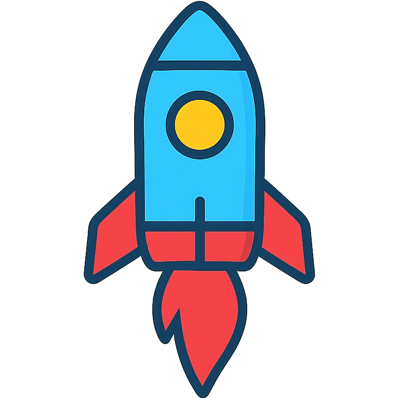 colorful rocket icon with blue body and red flames, modern color icon style emoji