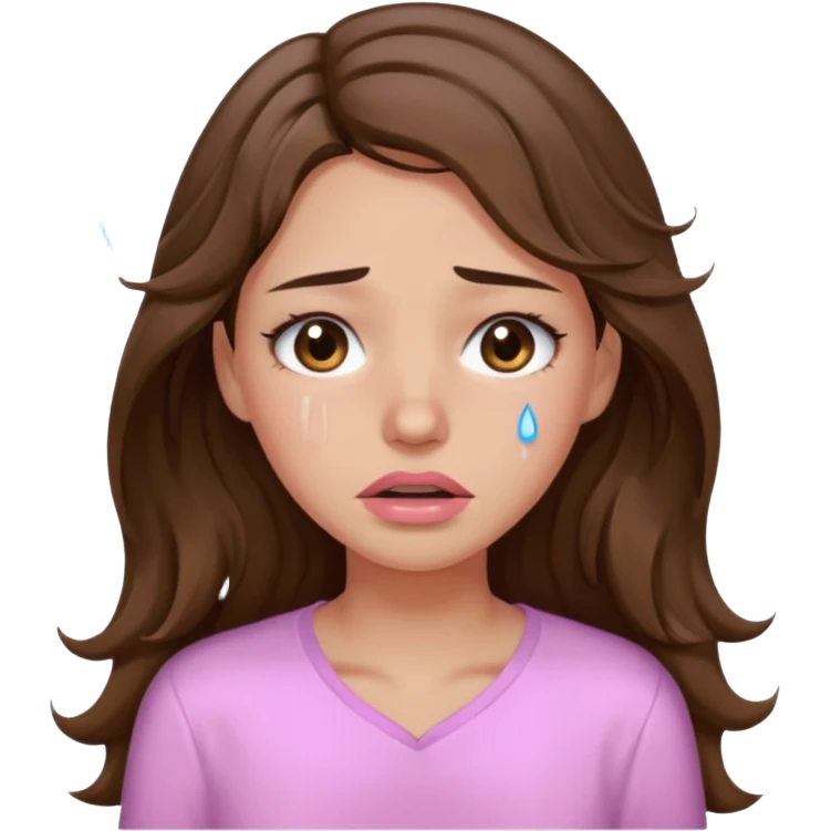 girl with wavy long brown hair, brown eyes, light to medium complexion, long lashes, light pink lipstick, wearing light pink shirt, weeping lots of big tears emoji