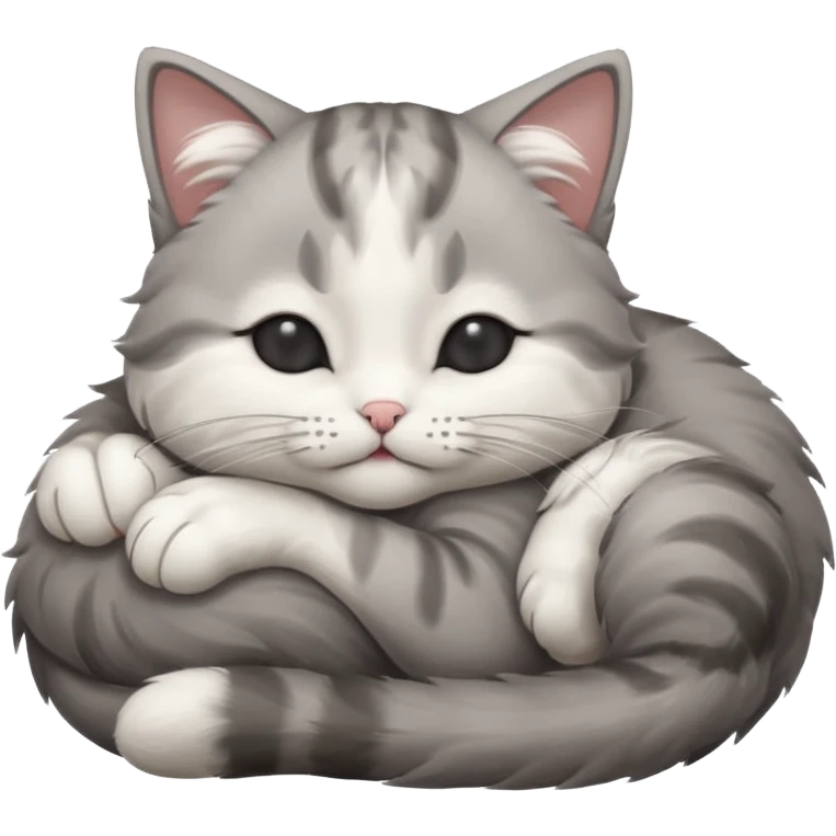 grey and white small cat with eyes closed lying down upside down with its head resting on its curled paw emoji