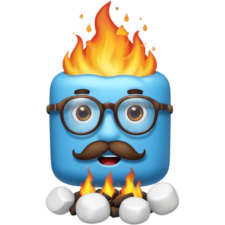 blue marshmallow on fire, surprised with mustache and glassess, just marshmallow emoji