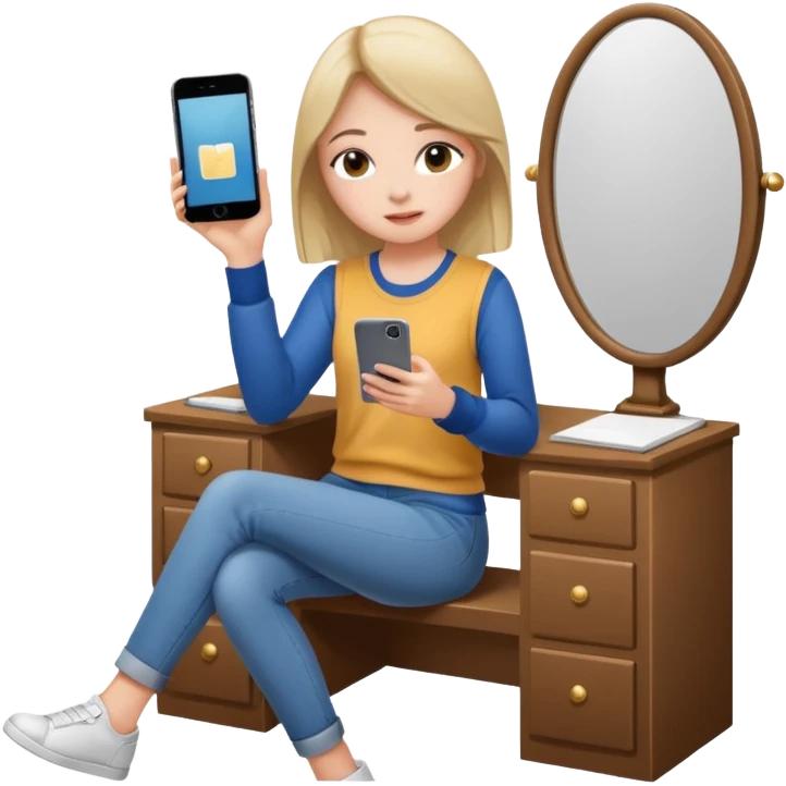 Girl sitting at vanity taking out picture with iphone 15 plus and study materials on the vanity emoji