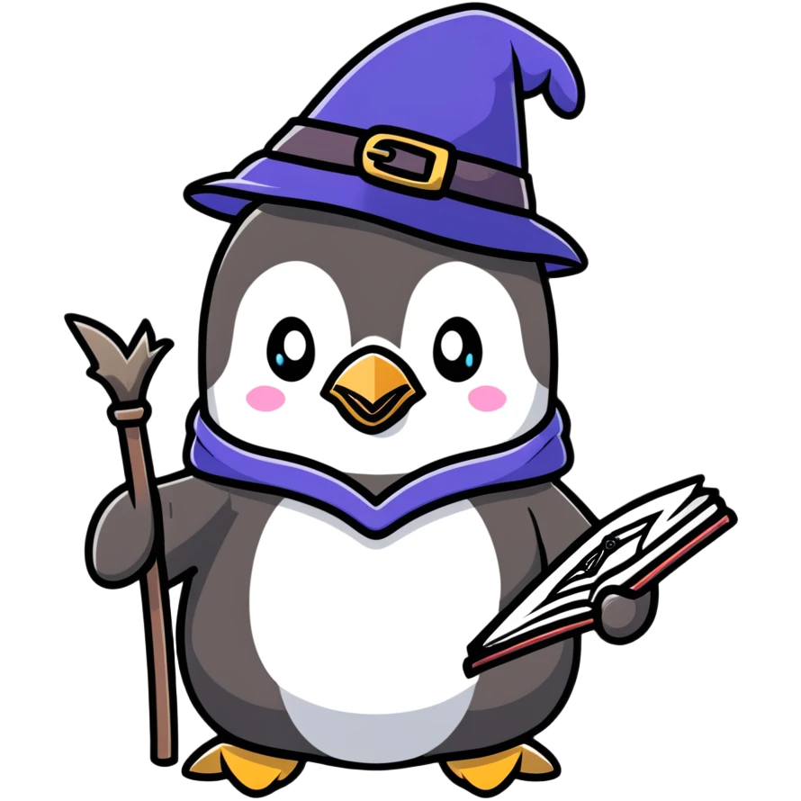 Cute penguin wizard with magical staff and spell book emoji
