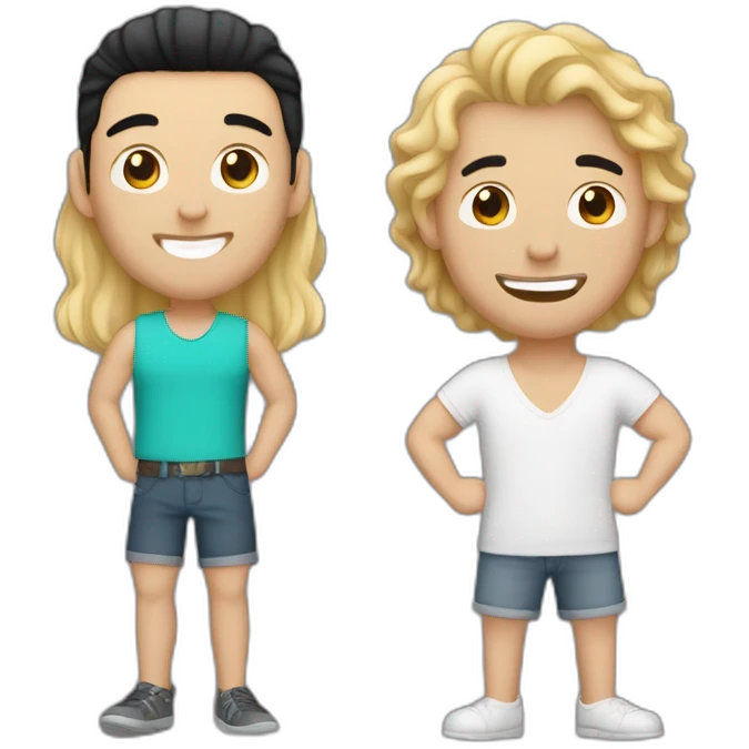 Gay couple, 1 guy Latino black straight black hair and 1 Australian white guy with blonde slightly curly hair holding a cat emoji