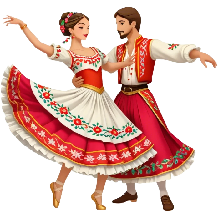 Cinematic Realistic scene of two dancers performing the Tarantella, dressed in vibrant, flowing traditional costumes with detailed embroidery and dynamic skirts, captured in festive motion with warm, lively lighting emoji