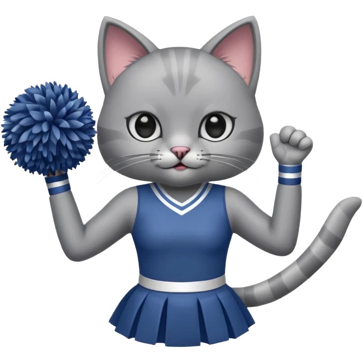 A sleek grey cat cheerleader twirling pom-poms with confident energy. emoji