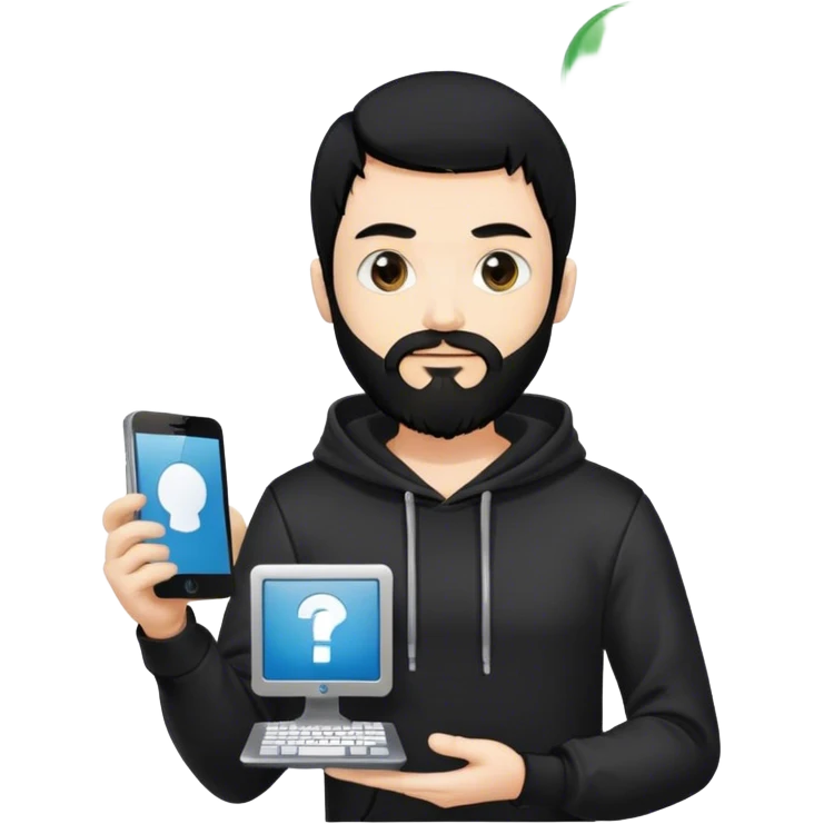 hackeur blanc cheveux noir barbe et capuche noir à côté d'un server emoji
