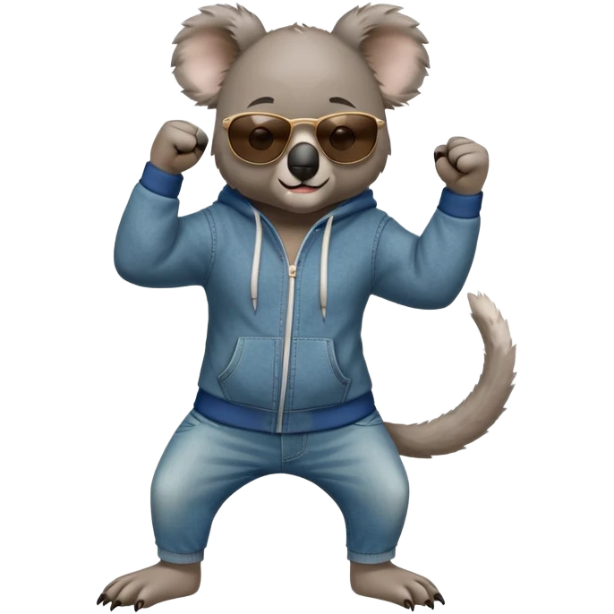 anthropomorphised koala, full body, wearing a hoodie and jeans, dark sunglasses, shaking fist in a different pose emoji