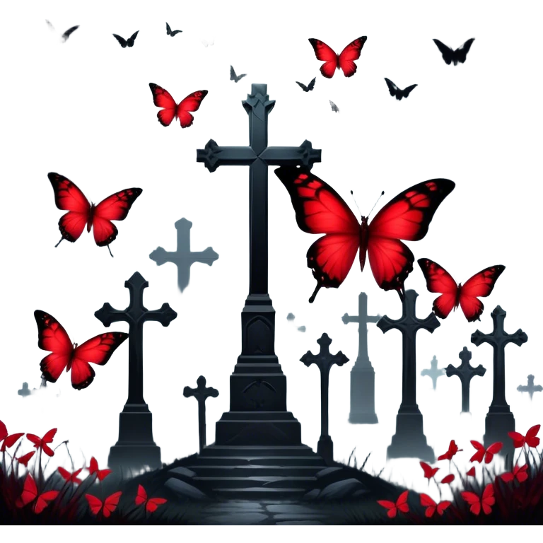 A mesmerizing scene where vibrant crimson butterflies dominate the foreground, their delicate wings glowing against the dark, misty background of shadowy Gothic crosses. The contrast between life and the eerie stillness of the crosses creates a haunting yet beautiful atmosphere. emoji