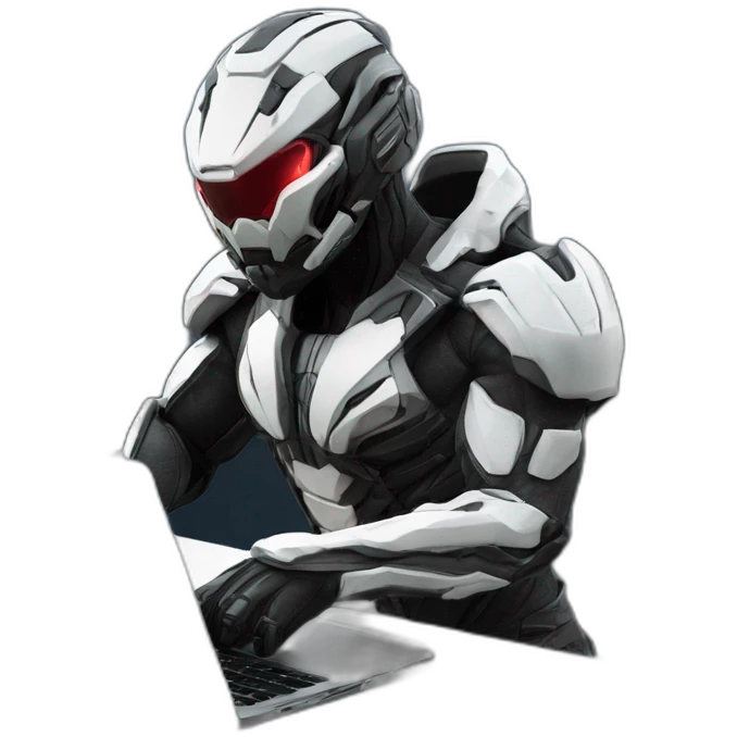 Side view developer behind his laptop with this style : Crytek Crysis Video game with nanosuit hacker themed character emoji